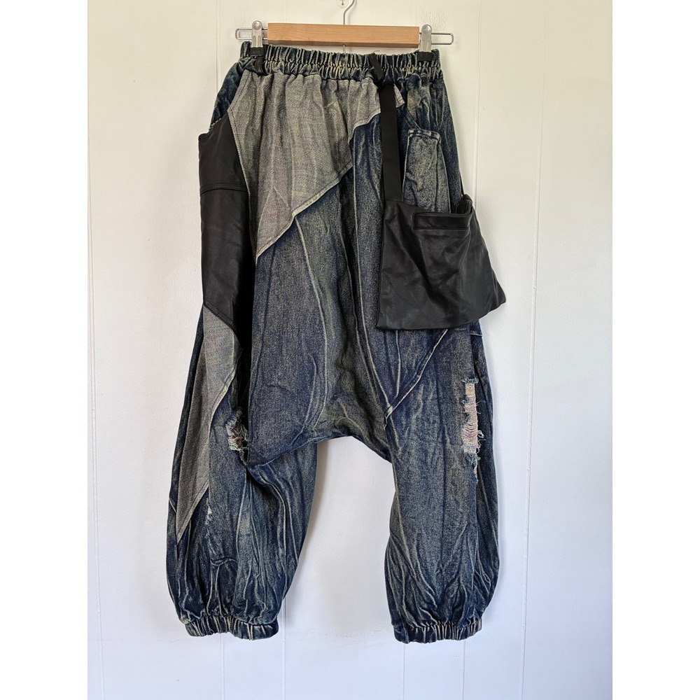 Fancy Dream Womens Blue Distressed Denim Harem Pants Faux Leather Patchwork L36